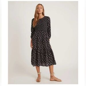 Marine Layer Camille Smocked Midi Dress in Black Modern Ditsy - XS